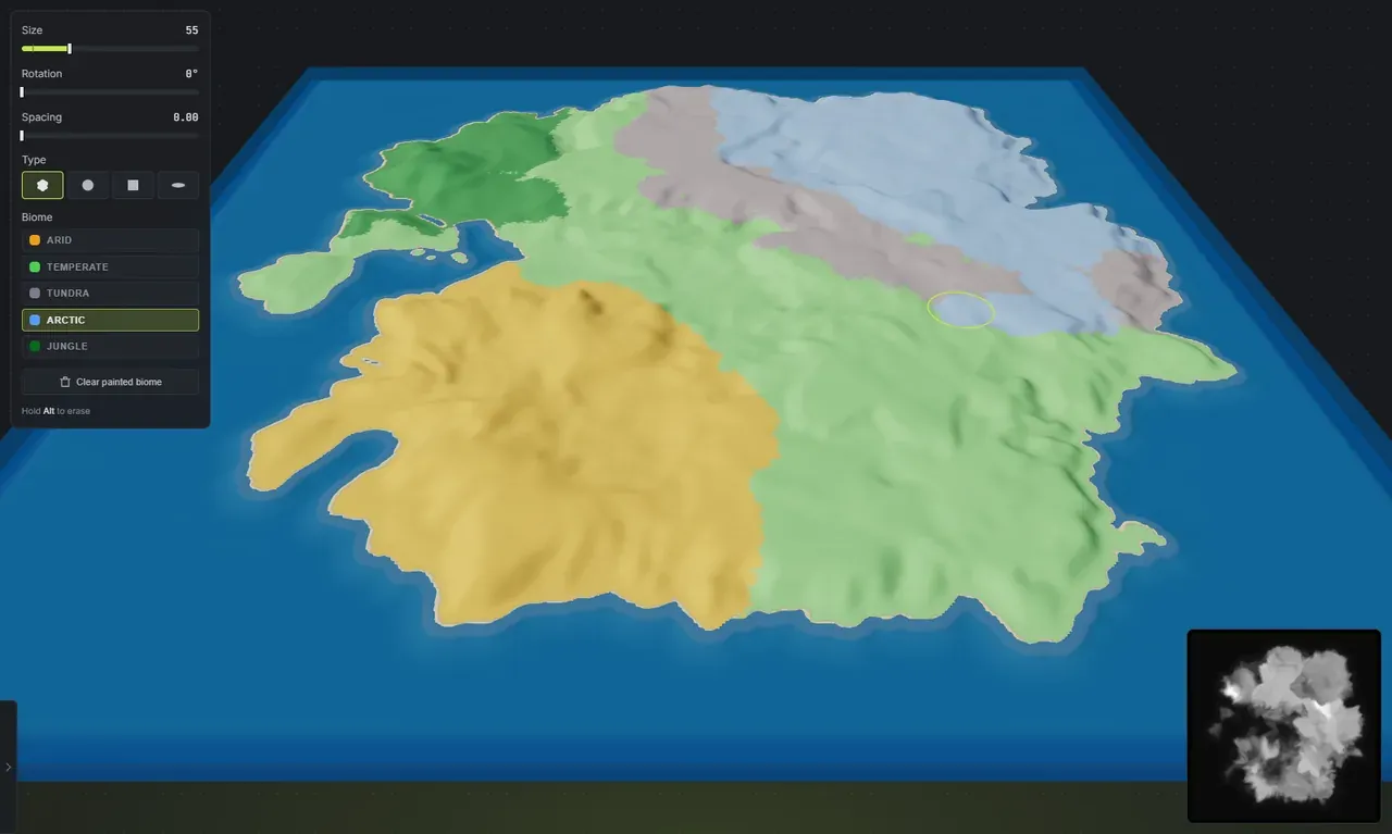 Painting the Arctic biome onto a Rust custom map in Crucible Heightmap, the biome brush dock showing the Fingered brush type and Arctic selected, with a pale blue arctic stroke painted across the green temperate region and the brush cursor ring on the terrain