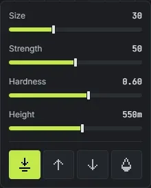 The Crucible Heightmap brush panel with Size, Strength, Hardness and Height sliders and the Flatten, Raise, Lower and Smooth brush types