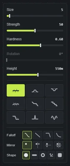 The Crucible Heightmap terrain brush dock: Size, Strength, Hardness, Rotation and Height sliders, the nine sculpt brush glyphs, and the Falloff, Mirror and Shape rows
