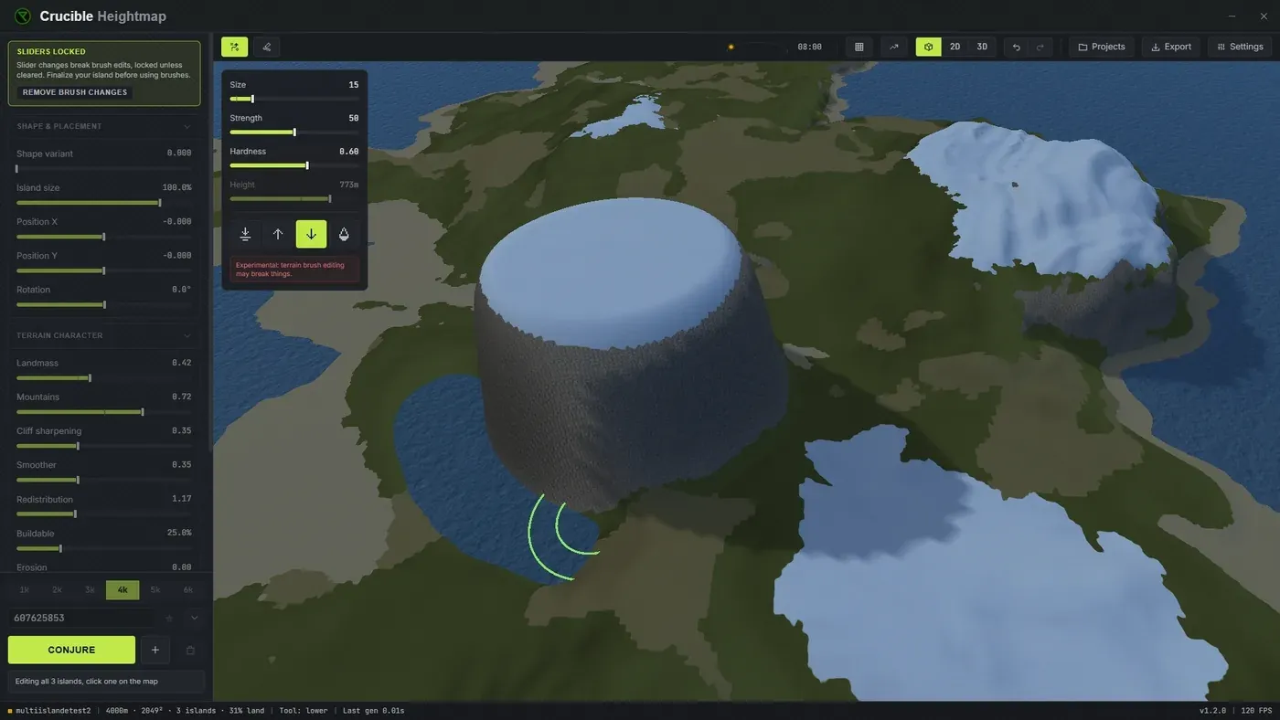The terrain brush raising a steep landform out of a Crucible Heightmap island in the in-game 3D view, with the brush cursor ring on the ground and the brush controls open