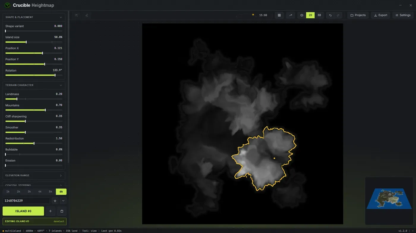 Top-down 16-bit heightmap of a multi-island Rust map in Crucible Heightmap, several separate islands spread across the map