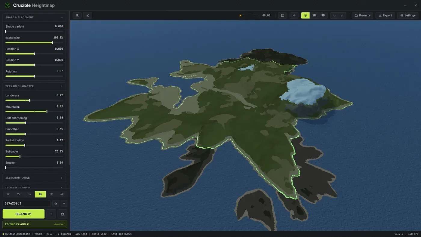 A multi-island map in Crucible Heightmap with one island selected and outlined, ready to move, rotate, scale or re-roll on its own without disturbing the other landmasses