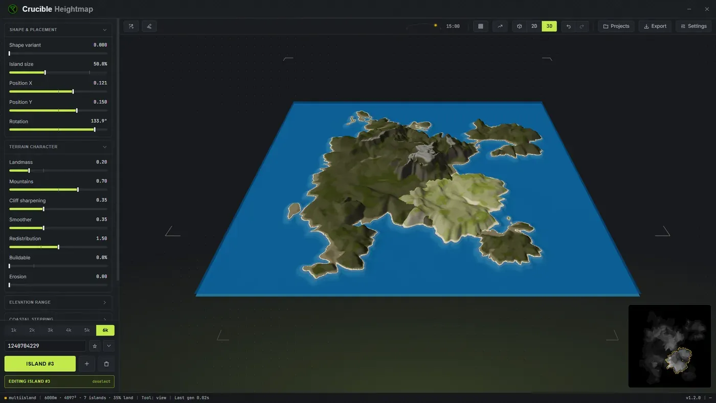 A custom Rust map in Crucible Heightmap made from several combined island seeds, shown as multiple separate landmasses in the 3D preview
