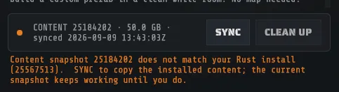 The content footer of the start screen: the snapshot in use with SYNC and CLEAN UP, and the notice that your Rust install is newer and ready to SYNC