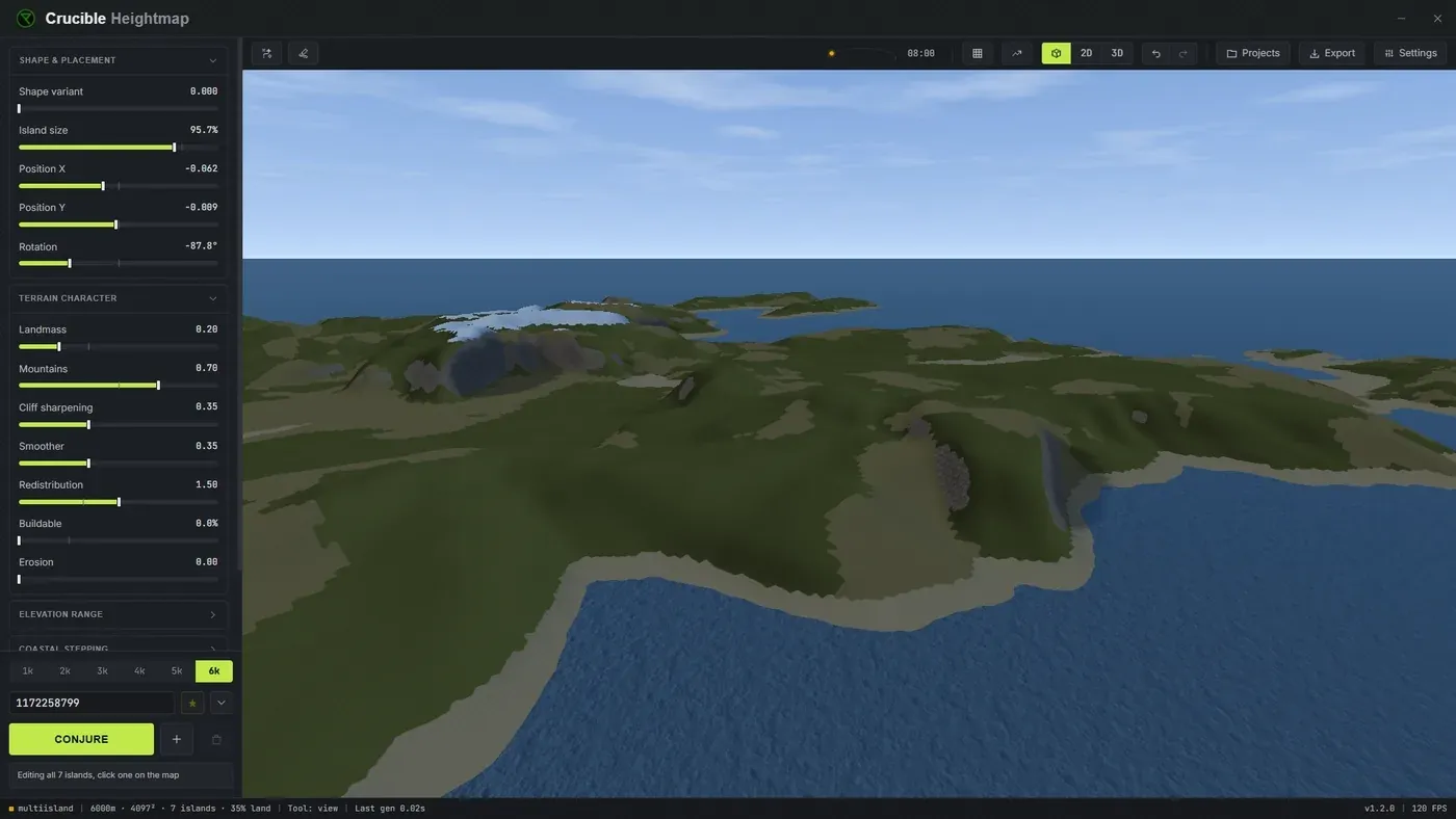A Rust-tuned island generated in Crucible Heightmap, shown with real Rust ground textures and water in the in-game 3D view, ready to export for RustEdit