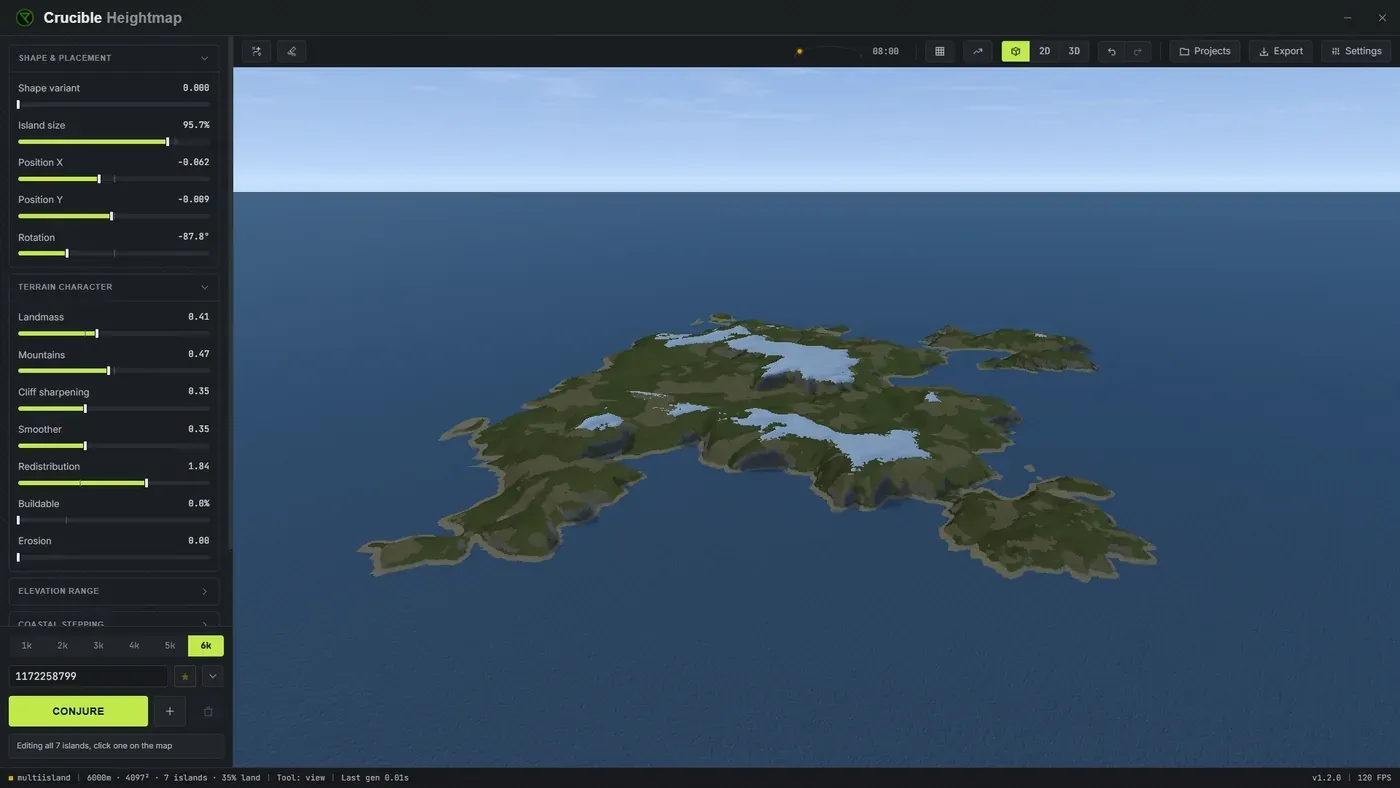 The Crucible Heightmap app showing a generated 3D Rust island in the live preview, with the terrain sliders along the left and the toolbar across the top
