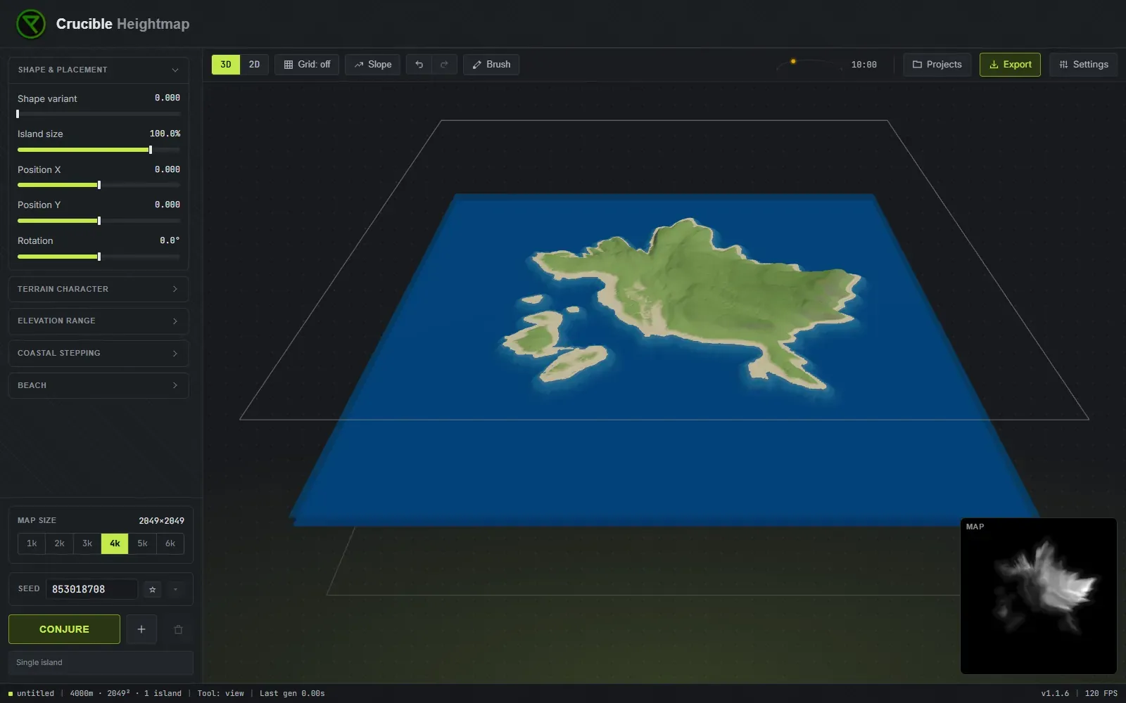 Crucible Heightmap open on a freshly generated 3D Rust island, with the terrain sliders on the left and the generation controls along the bottom of the sidebar