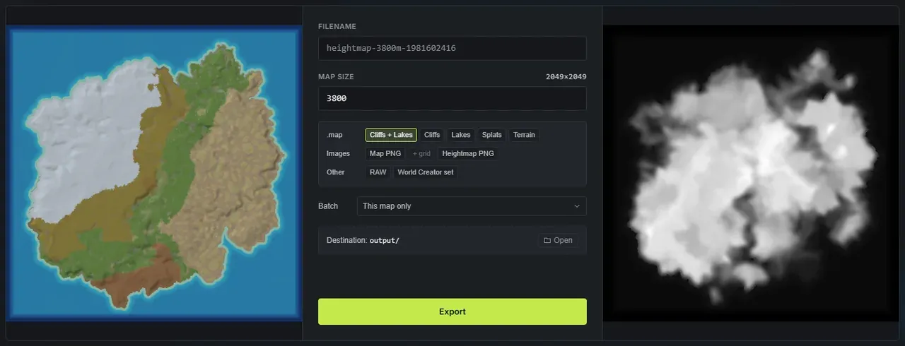 The Crucible Heightmap export panel, showing the .map, Images and Other output rows, the map size field, the batch dropdown and the map and heightmap previews