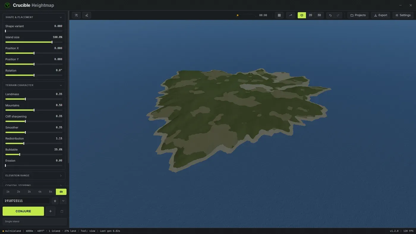 Crucible Heightmap open on a freshly generated 3D Rust island, with the terrain sliders on the left and the generation controls along the bottom of the sidebar