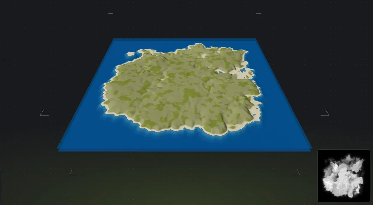A full multi-island Rust map generated in Crucible Heightmap, shown in the 3D preview as a map-filling continent with bays and peninsulas