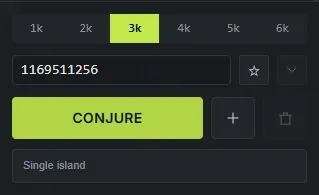 Crucible Heightmap generation controls: the map size selector, the seed field with save and gallery buttons, and the Conjure and Add island buttons