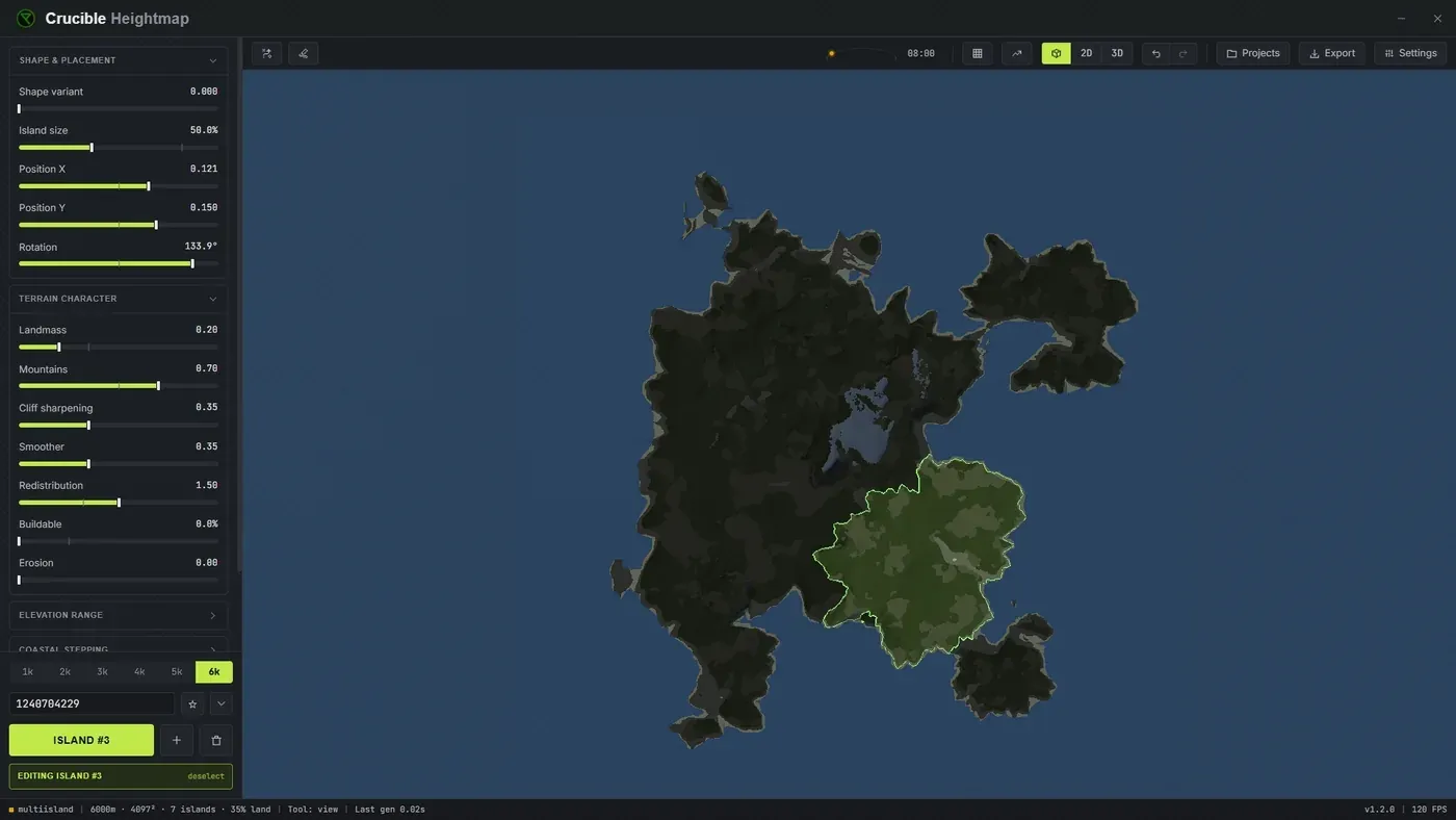 A custom Rust map in the in-game 3D view of Crucible Heightmap, seen from the air with real Rust ground textures, rock formations, snow and ocean