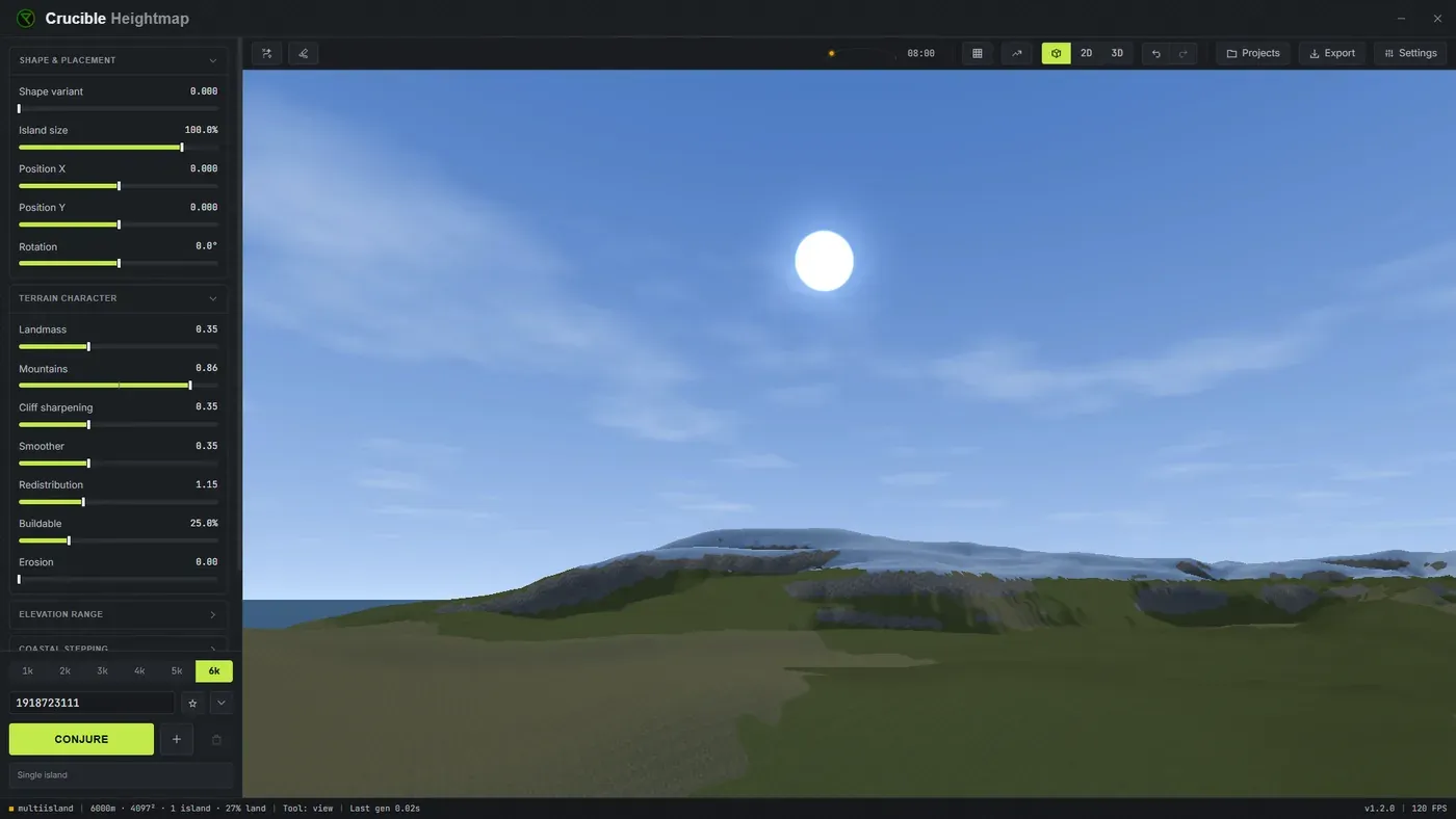 A low pass over a custom Rust map in the in-game view, showing real Rust rock formations scattered across grass with the coastline beyond