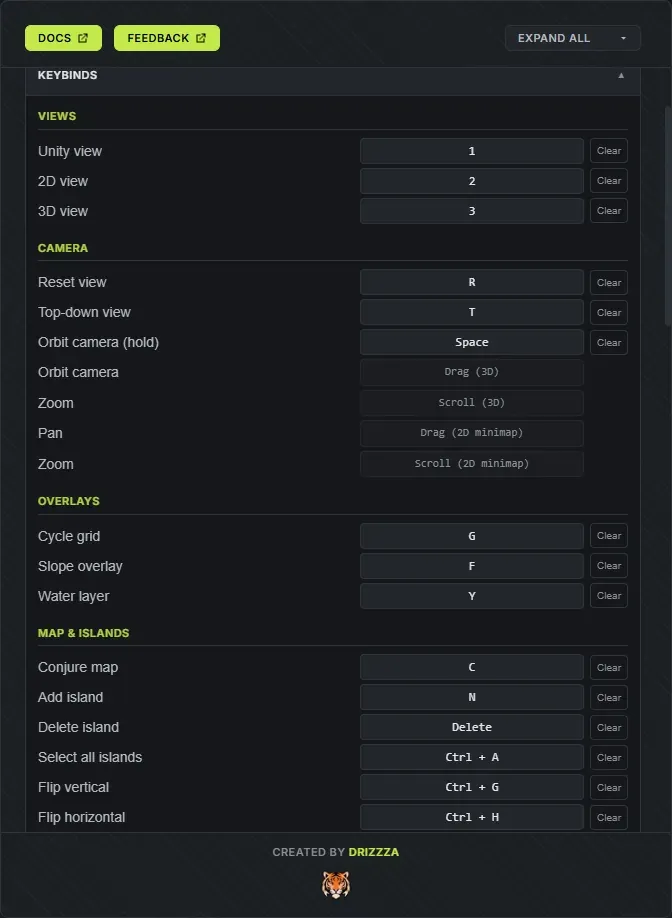 The Keybinds editor in Crucible Heightmap Settings: every action listed with its assigned key and a Clear button, ready to rebind