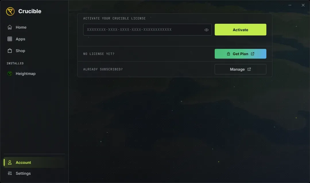 The Crucible launcher Account panel with a field to activate a license key