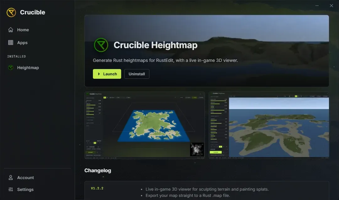 The Crucible Heightmap detail page in the launcher, with the app banner, Launch and Uninstall buttons, a two-shot screenshot gallery, and the changelog listing each version's changes