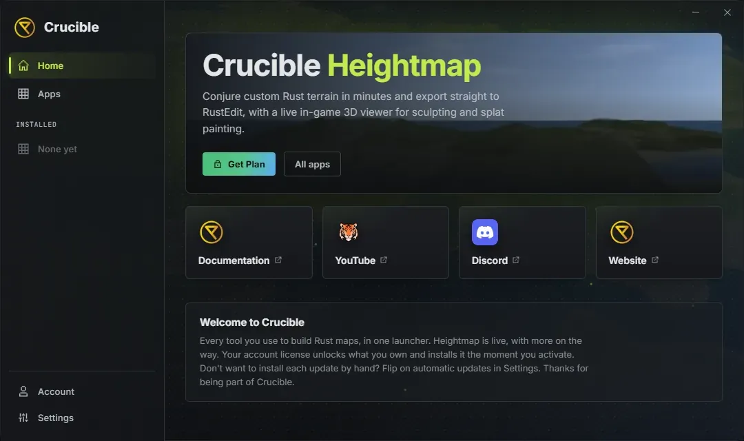 The Crucible launcher home view: the gold Crucible brand over a left nav rail with Home, Apps, Account and Settings, and a featured Crucible Heightmap banner with Get Plan and All apps buttons above a Welcome to Crucible note