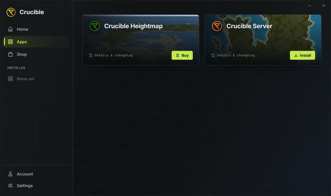 The Crucible launcher Apps library: a left nav rail with Home, Apps, Shop, Account and Settings, and app tiles for Crucible Heightmap with a Buy button and Crucible Server with an Install button, each tile showing a Details and changelog hint