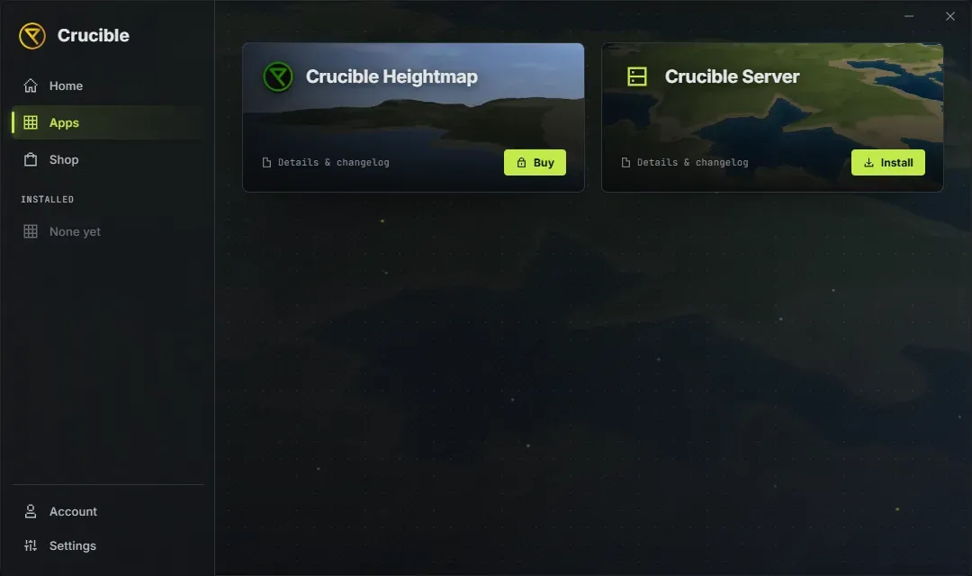 The Crucible launcher Apps library: a left nav rail with Home, Apps, Shop, Account and Settings, and app tiles for Crucible Heightmap with a Buy button and Crucible Server with an Install button, each tile showing a Details and changelog hint