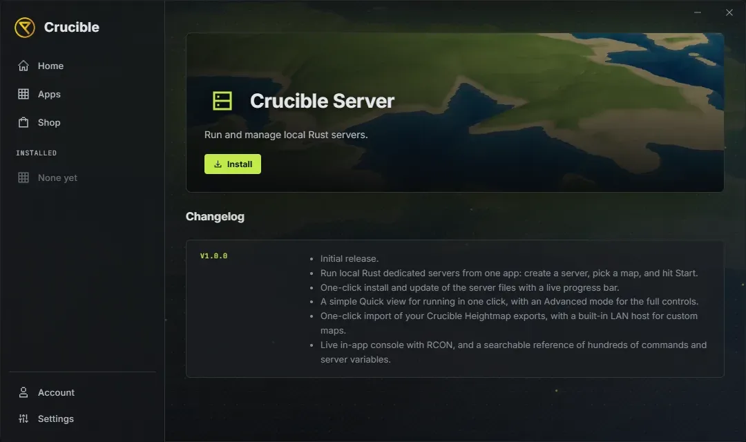 The Crucible launcher Crucible Local Server detail page with install and update controls
