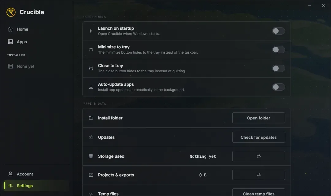 The Crucible launcher Settings view showing the Preferences group with toggles for launch on startup, minimize to tray, close to tray and auto-update apps, above an Apps and data group with install folder, updates, storage used, projects and exports, and temp files rows