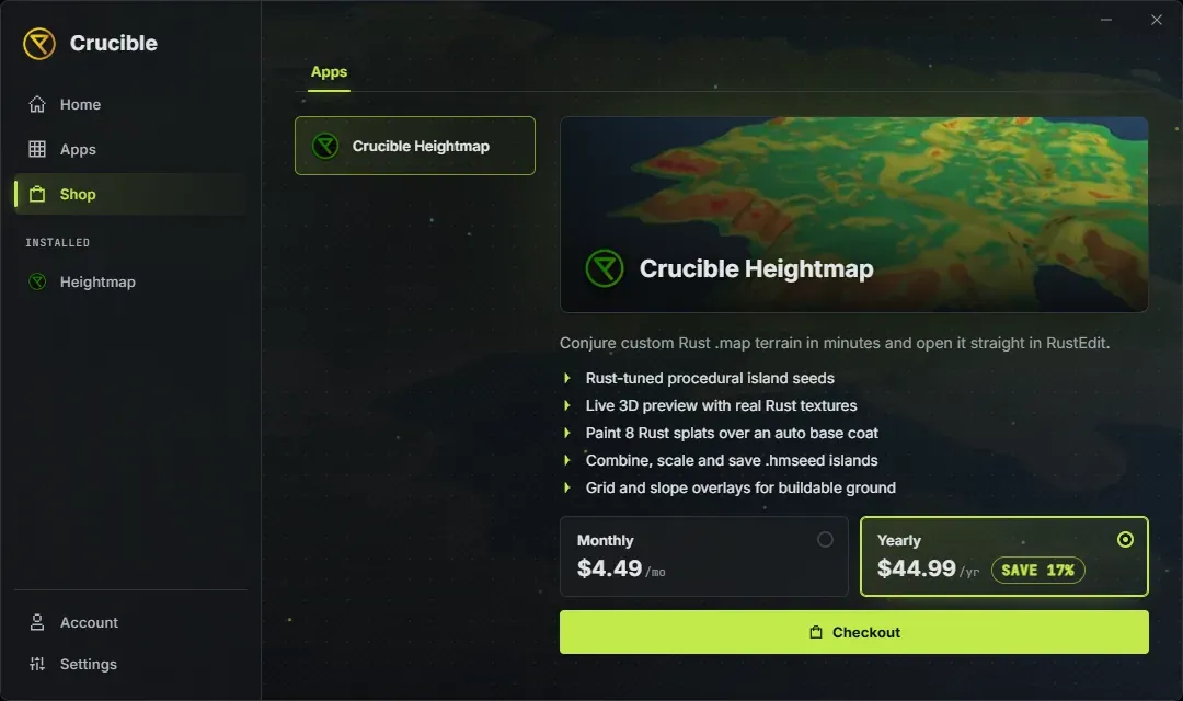 The Crucible launcher Shop tab showing Crucible Heightmap in the product rail, its banner and feature list, and the Monthly 4.49 dollars per month and Yearly 44.99 dollars per year plan options with Save 17 percent on the preselected yearly plan, above a Checkout button