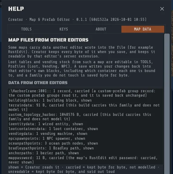 HELP > MAP DATA on a map that carries RustEdit data, listing each family and whether Creator shows it or carries it