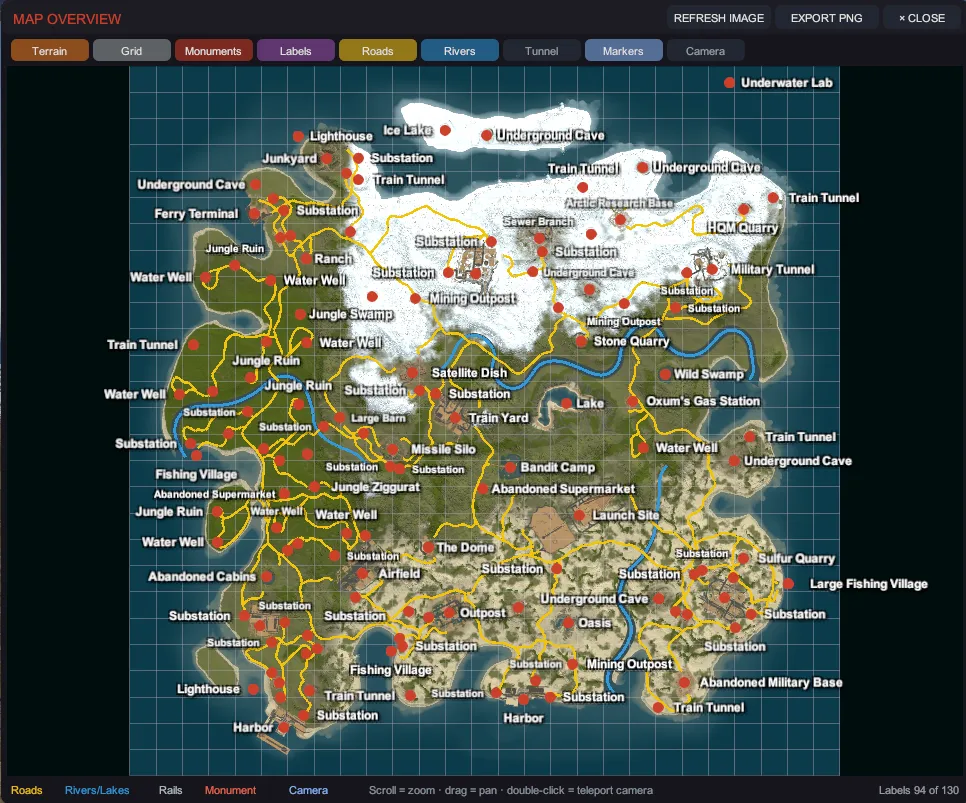 The MAP OVERVIEW window on the approved generation, with the monument, label, road and river layers on