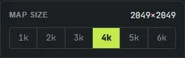 The map size selector in Crucible Heightmap, a row of 1k to 6k buttons that set the export resolution to match your Rust map size