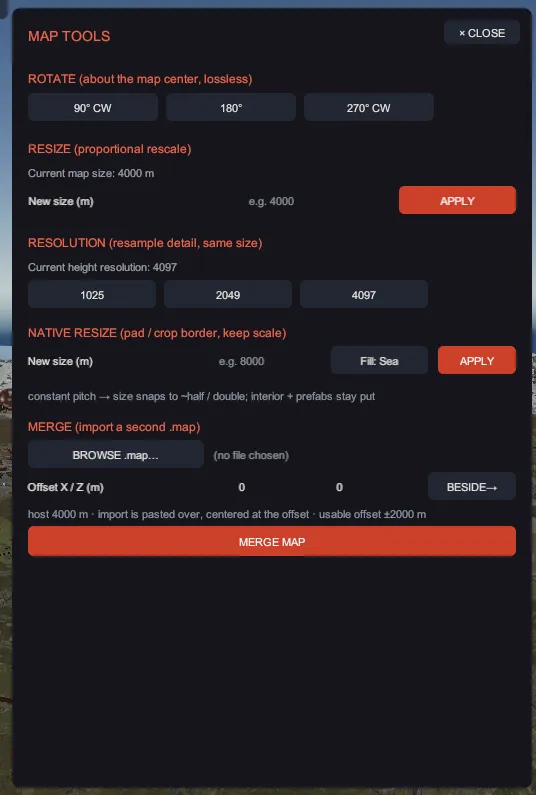 The MAP TOOLS window: rotate, resize, resolution, native resize and merge, with the map's current size and resolution shown