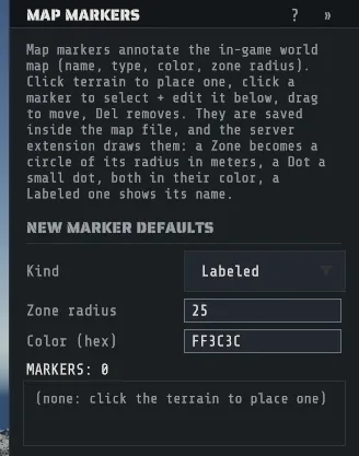 The Map Markers inspector: the new-marker defaults (kind, zone radius and color) above the marker list