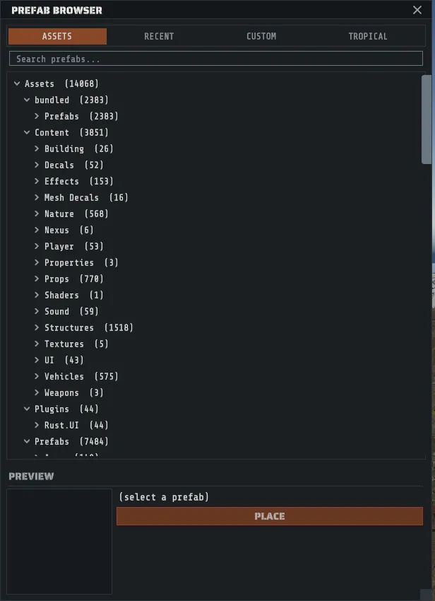The Prefab Browser on the ASSETS tab: the four tabs, the search box, the folder tree and the preview pane below it
