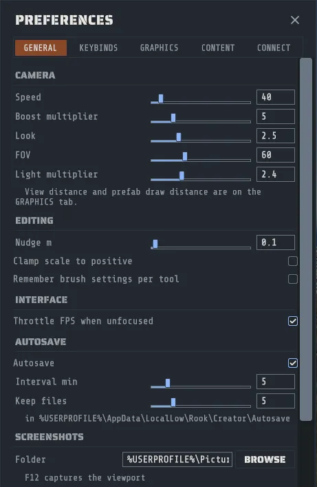 The PREFERENCES window on the GENERAL tab: the camera sliders, the editing toggles, the autosave rows and the screenshot folder