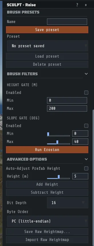 The Sculpt tool's Advanced Options, with Bit Depth, Byte Order and Import Raw Heightmap