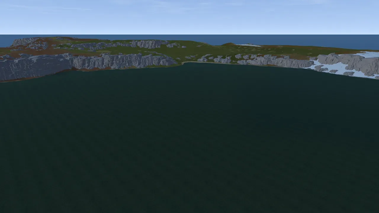A lake on a custom Rust map seen in the in-game view, with real Rust cliff faces along its shoreline and snow on the far bank
