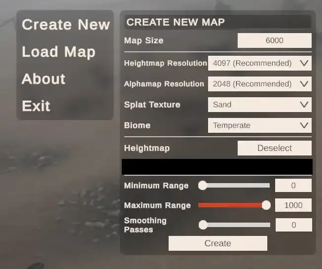 RustEdit Create New Map dialog showing the Heightmap field and import workflow for applying a heightmap to a Rust map
