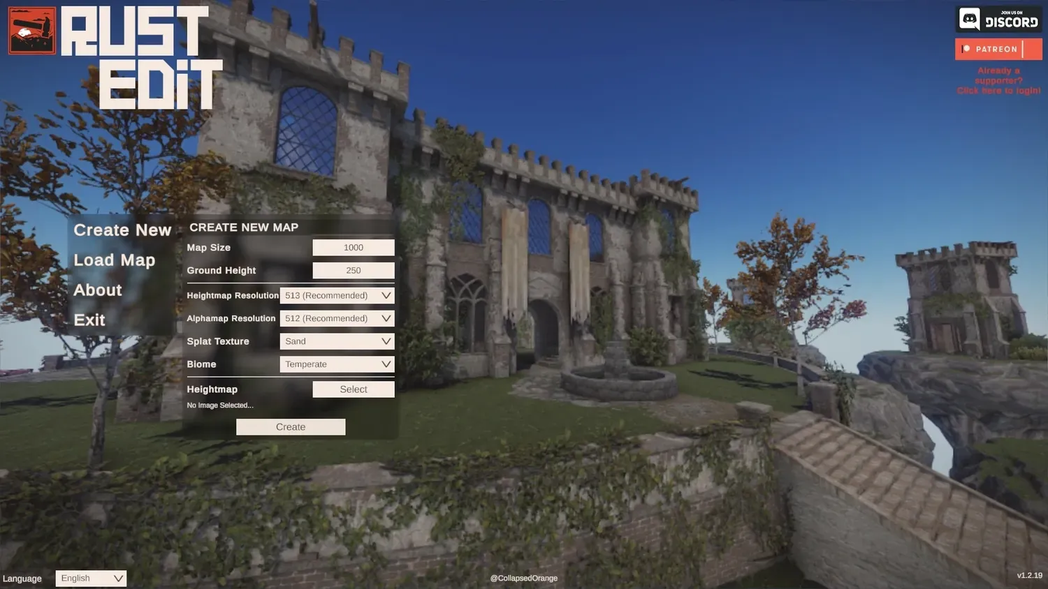 RustEdit open with the Create New Map dialog, ready to create a blank map