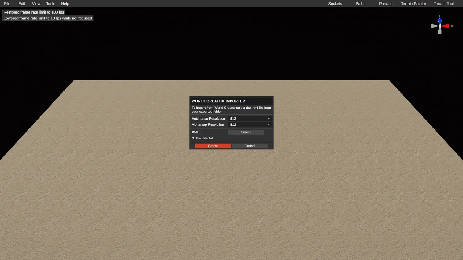 The RustEdit World Creator importer window with a Select button