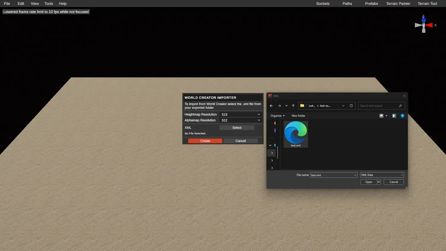 Selecting the project .xml file from the Crucible Heightmap output folder in RustEdit's World Creator import dialog