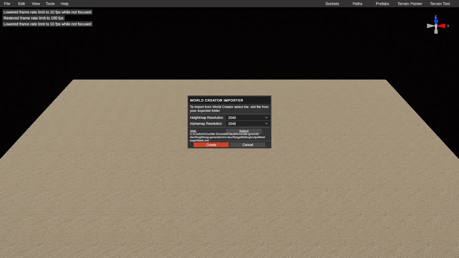 The World Creator importer with the heightmap and alpha resolution set to match the Crucible map size