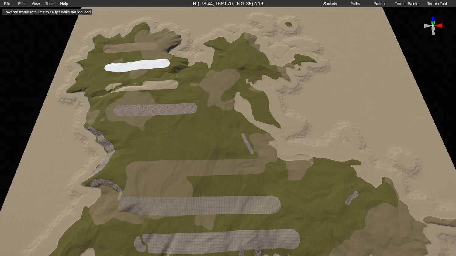 A Crucible custom Rust map loaded into RustEdit with its base terrain splats and painted splats applied