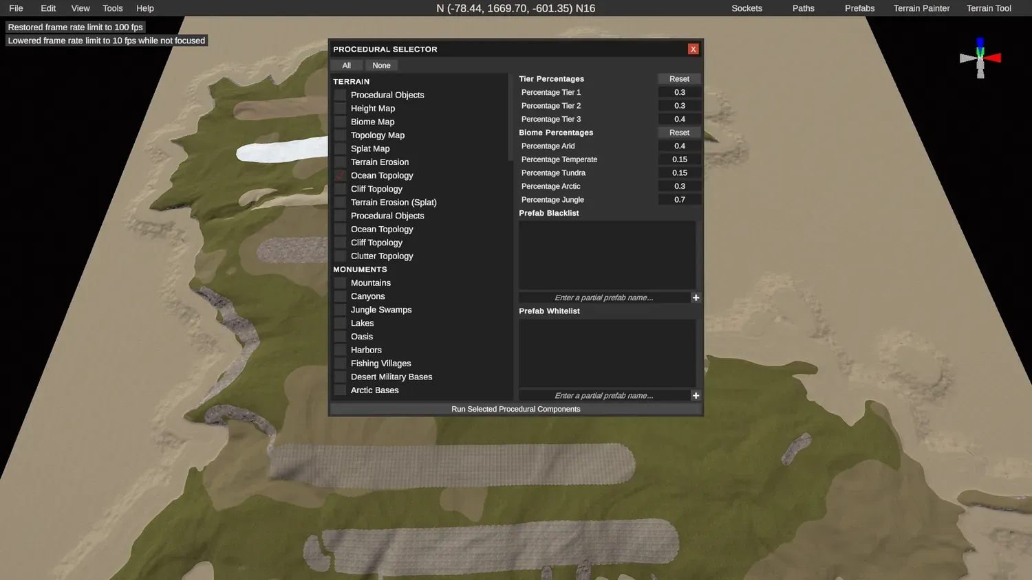The RustEdit procedural generation window with options turned off to test only the ocean topology