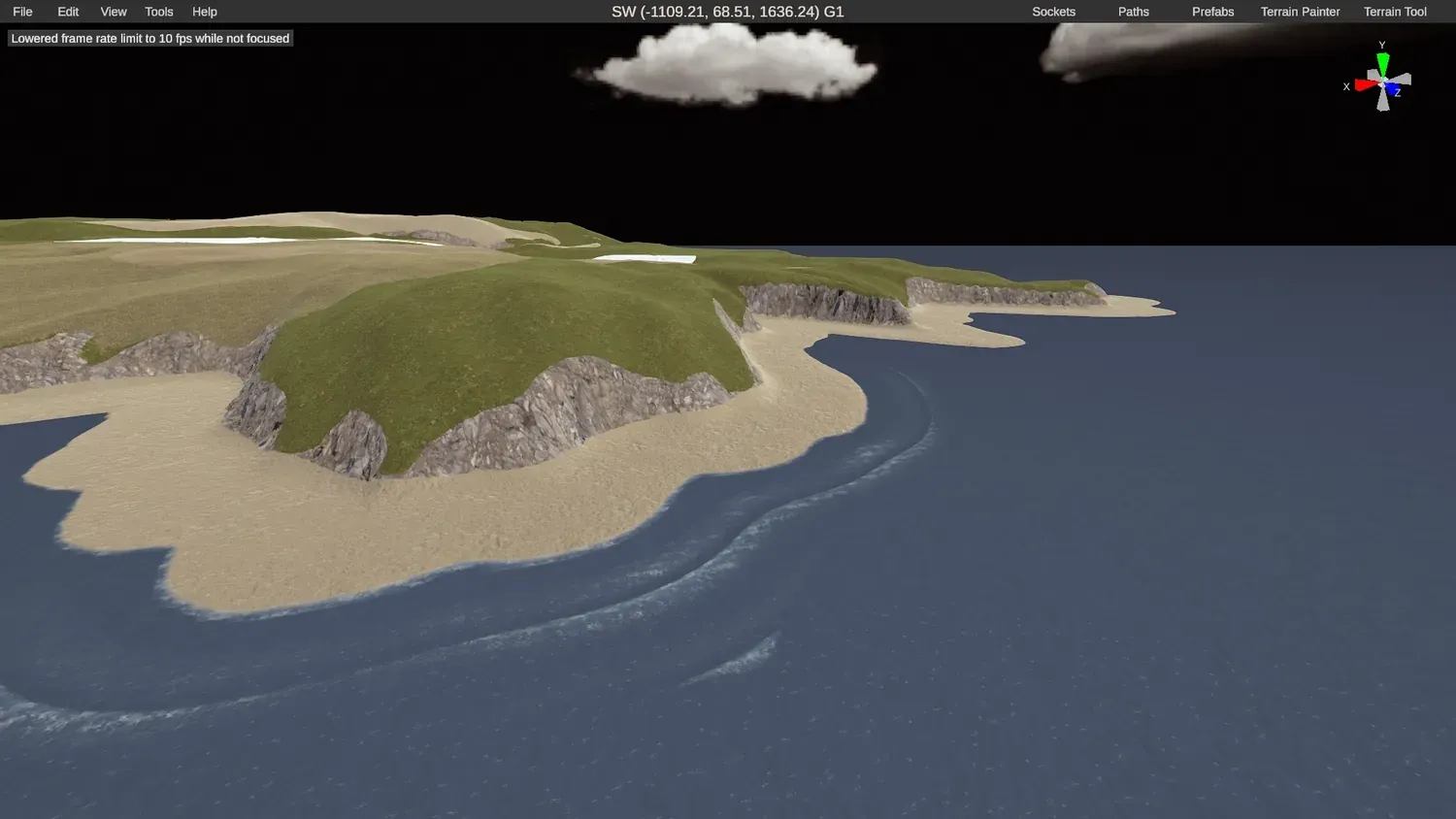 The imported Crucible island in RustEdit with ocean water around it, showing the island shape and splats