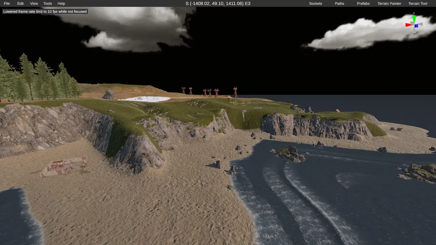 A finished-looking custom Rust map in RustEdit built on imported Crucible terrain and splats
