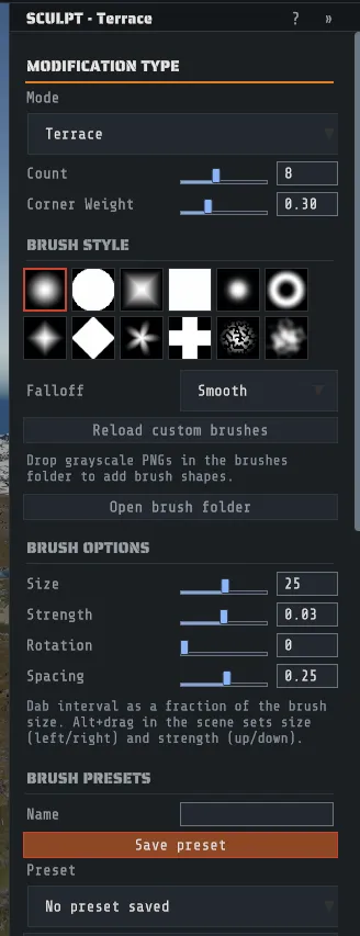 The Sculpt inspector: the mode list, the brush style grid and the brush options