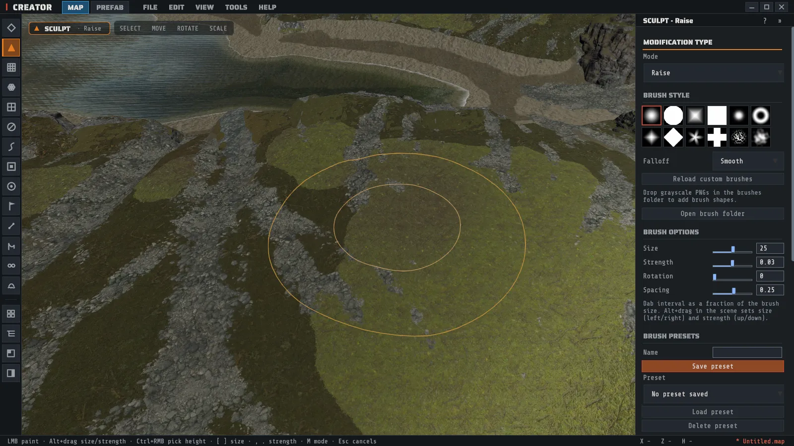 The Sculpt tool in Raise mode over open ground, with the brush ring and the Sculpt inspector visible