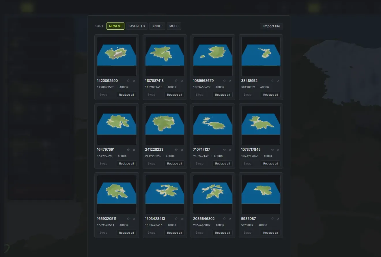 The Saved seeds gallery in Crucible Heightmap showing a saved seed with a terrain thumbnail and an Import file button