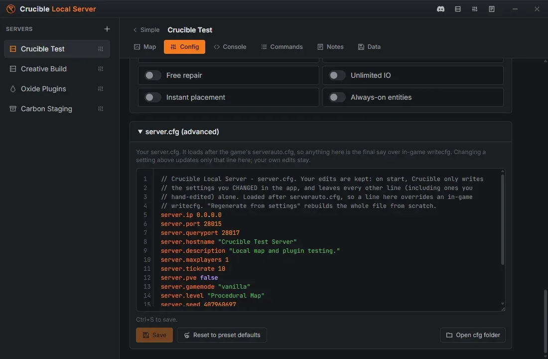 The server.cfg editor in Crucible Local Server, showing the generated config file with syntax highlighting and line numbers, with Save, Reset to preset defaults, and Open cfg folder buttons