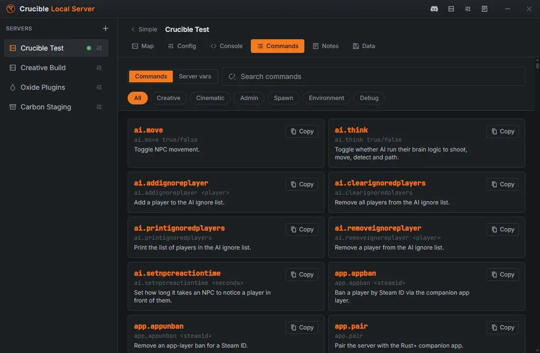 The Crucible Local Server Commands tab showing a searchable list of Rust admin commands with a copy button on each entry