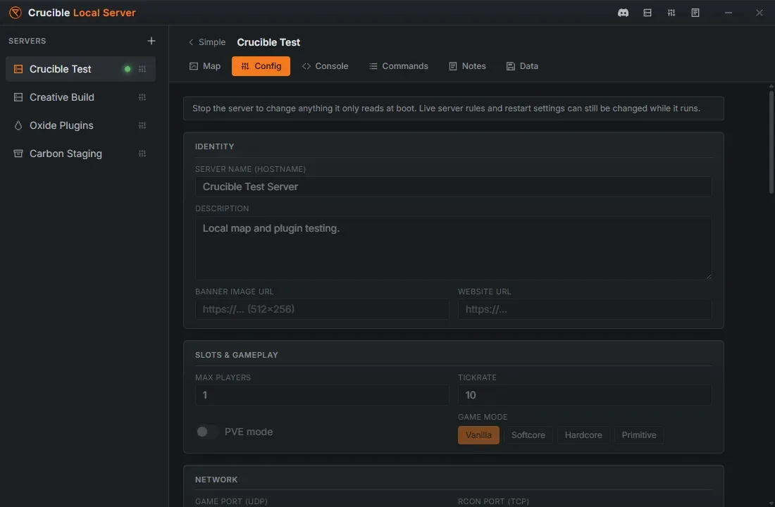 The Config tab in Crucible Local Server showing the server name, description, banner image and website fields, max players, tickrate, game mode, and the game and RCON ports